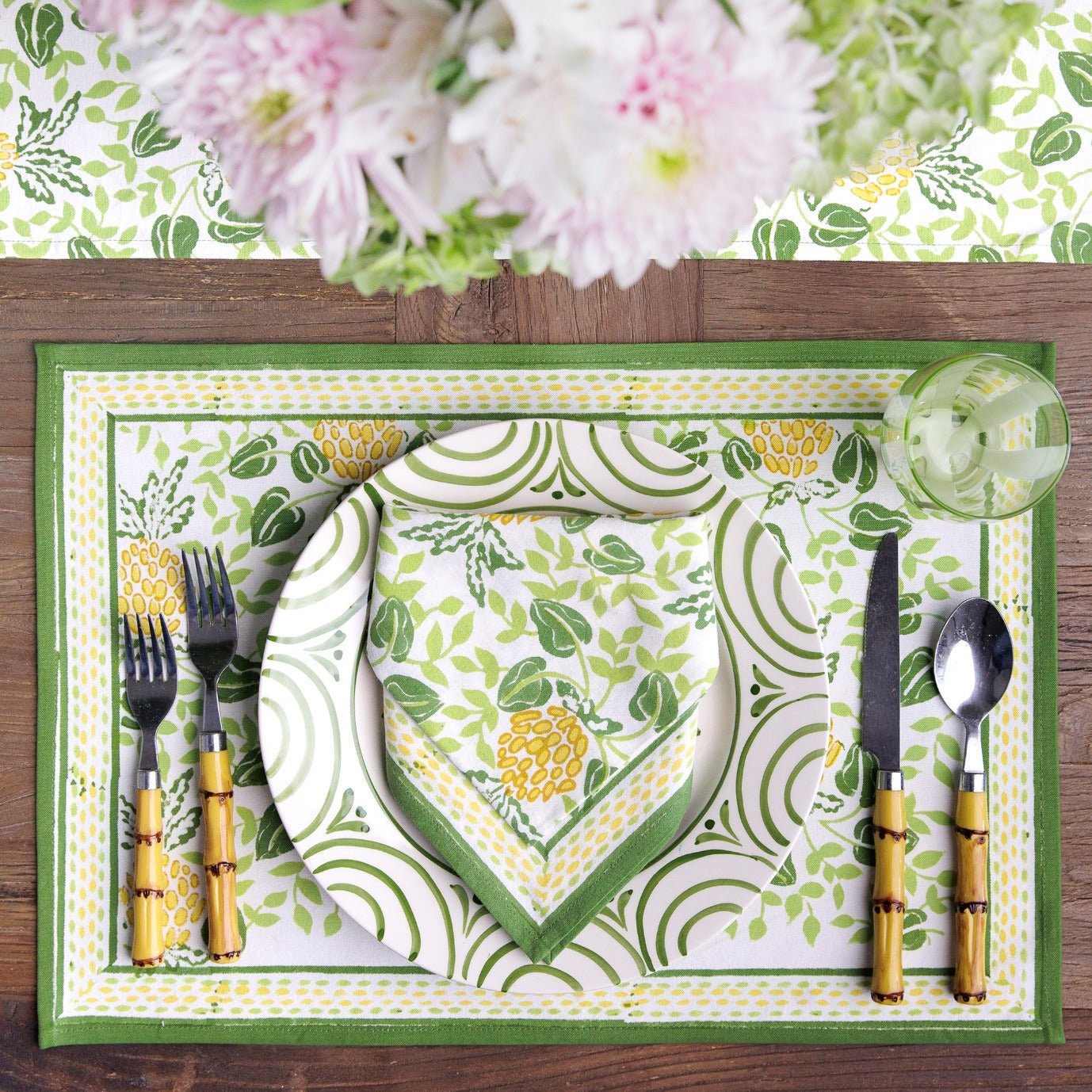 Pineapple Party Green & Yellow Hand Block Printed Cotton Canvas Placemats