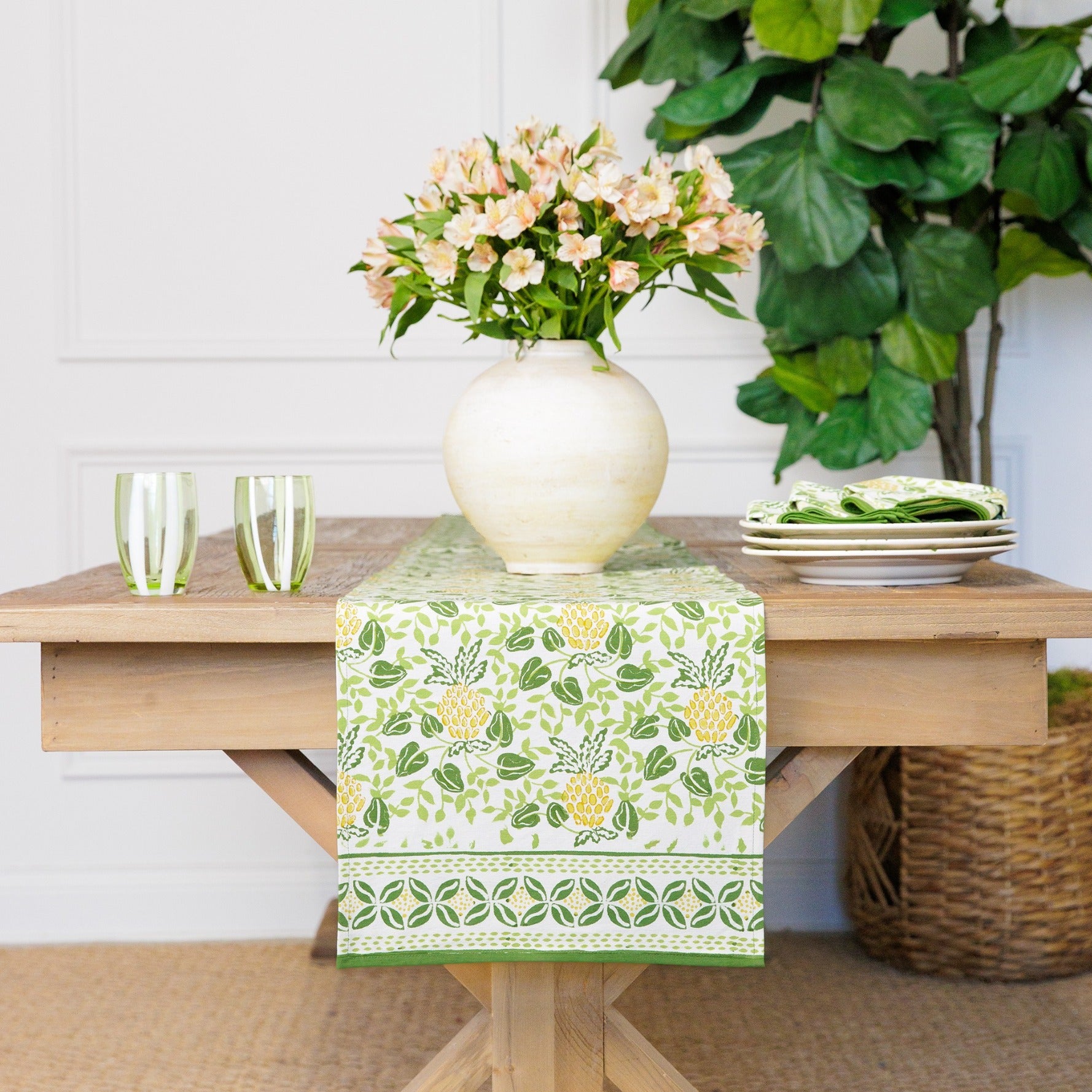 Pineapple Party Green & Yellow Hand Block Printed Cotton Table Runner