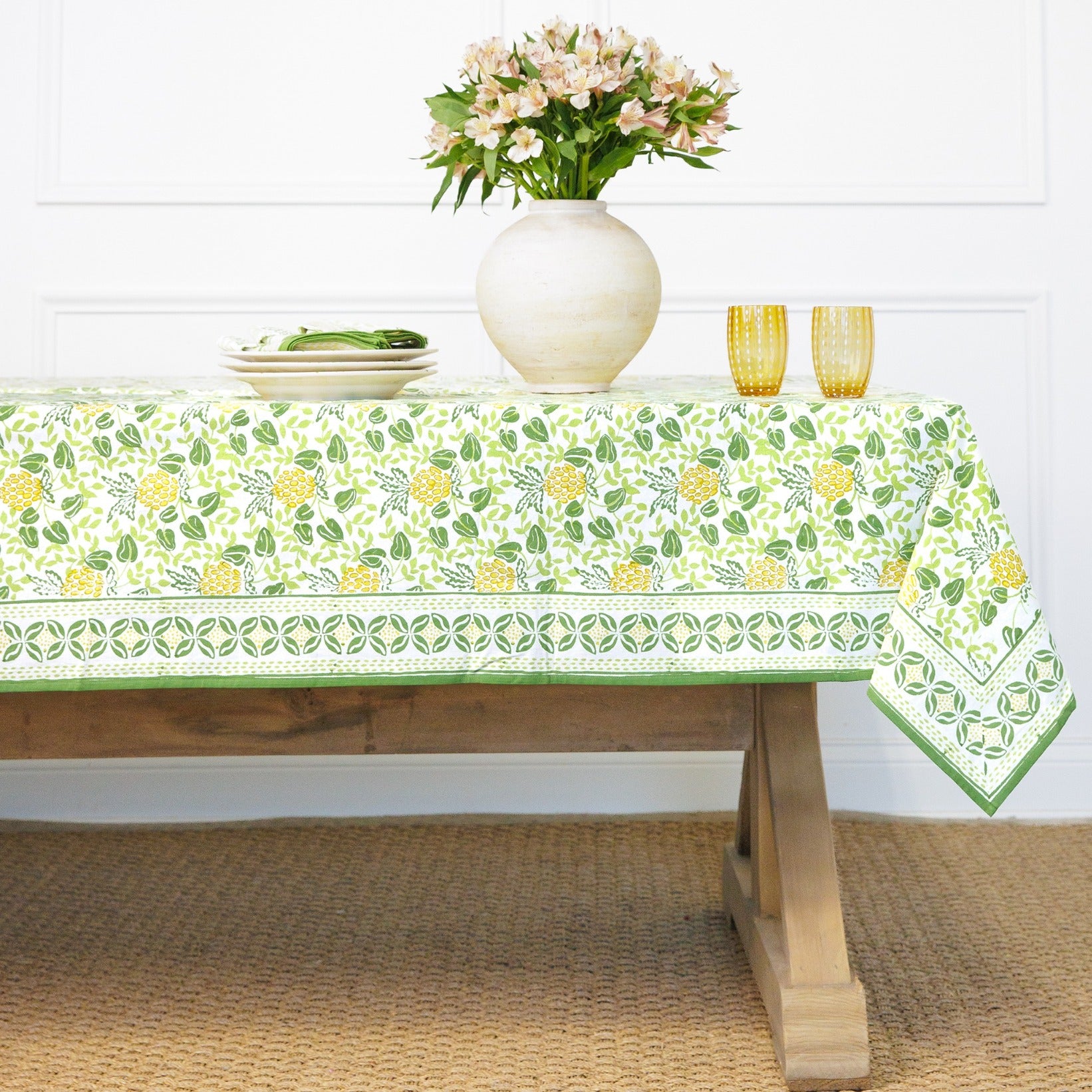 Pineapple Party Green & Yellow Hand Block Printed Cotton Tablecloth