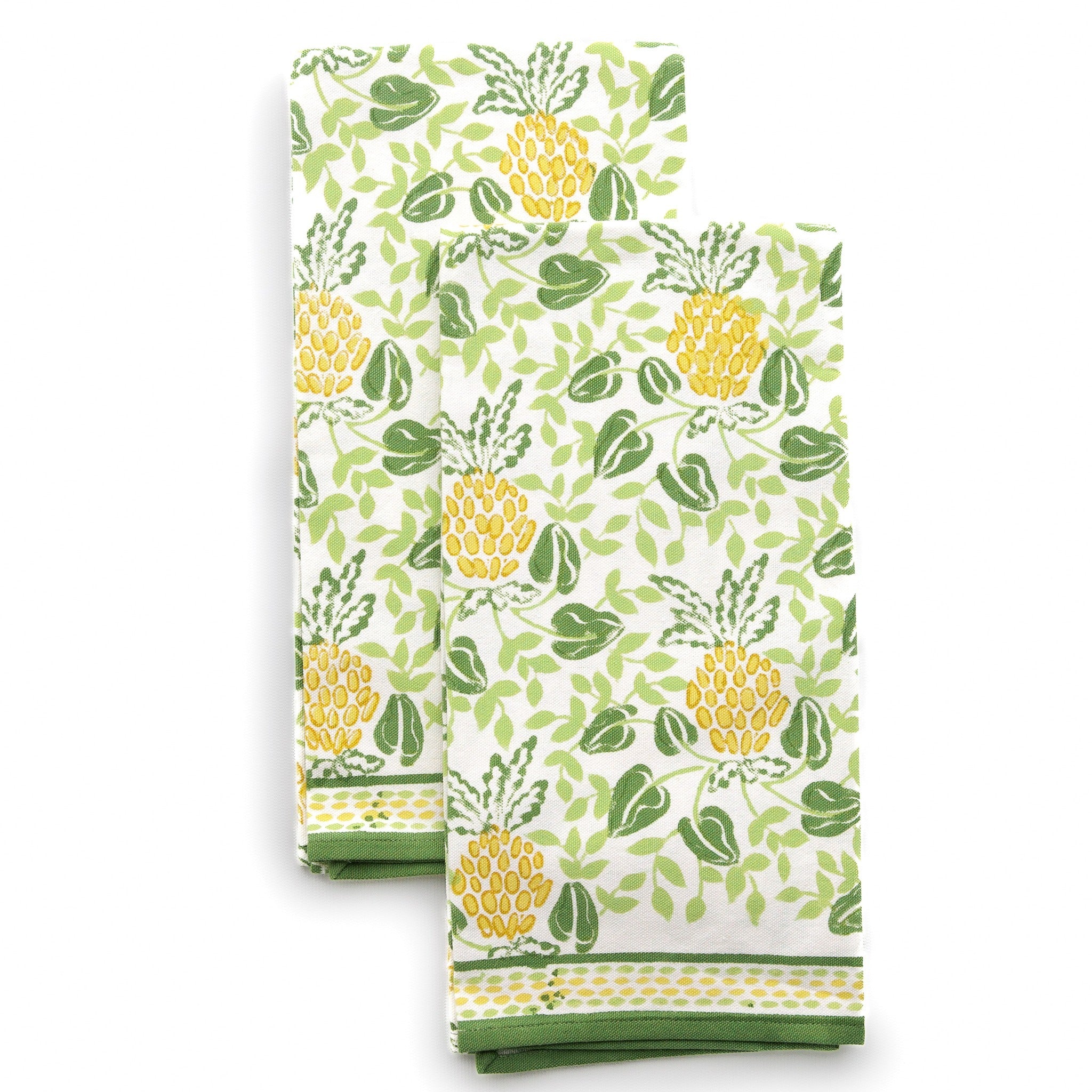 Pineapple Party Green & Yellow Hand Block Printed Cotton Kitchen Tea Towels