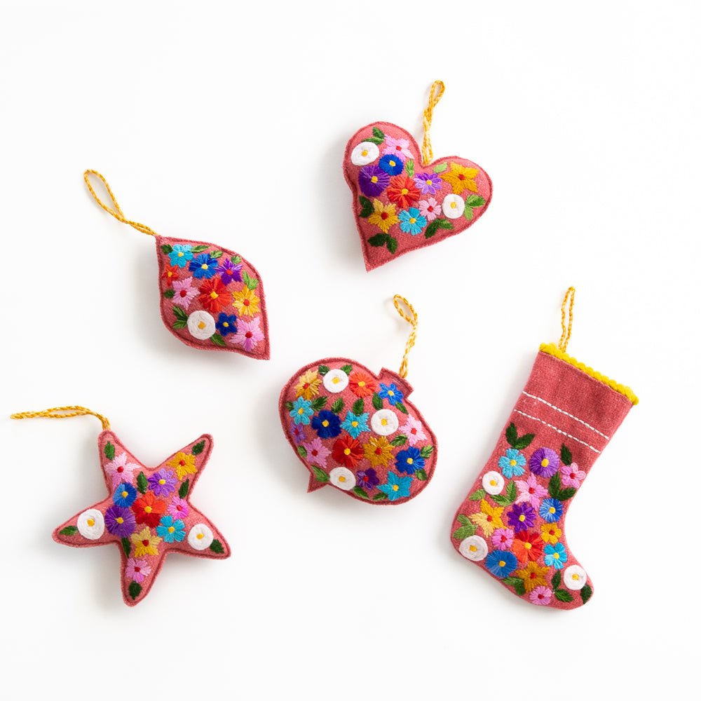 Pink Embroidered Floral Holiday Ornaments
