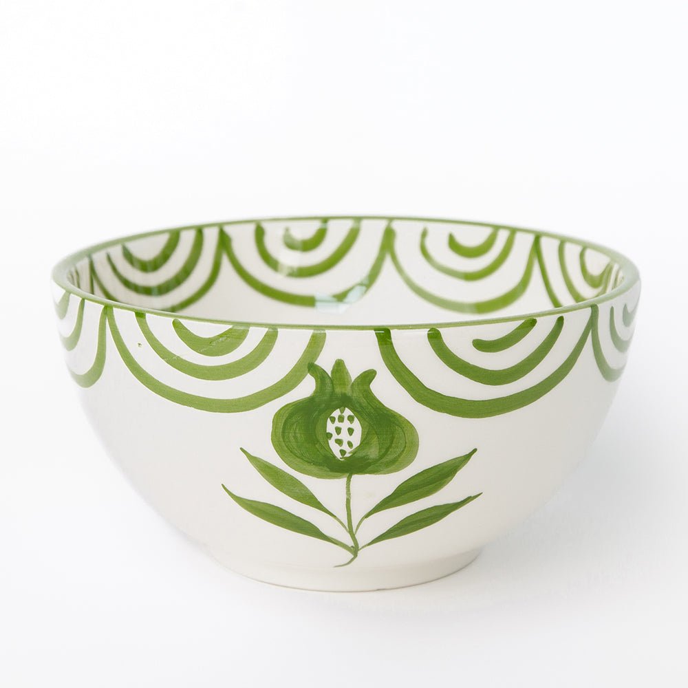 Pomegranate Crest Green Hand Painted Floral Ceramic Bowl
