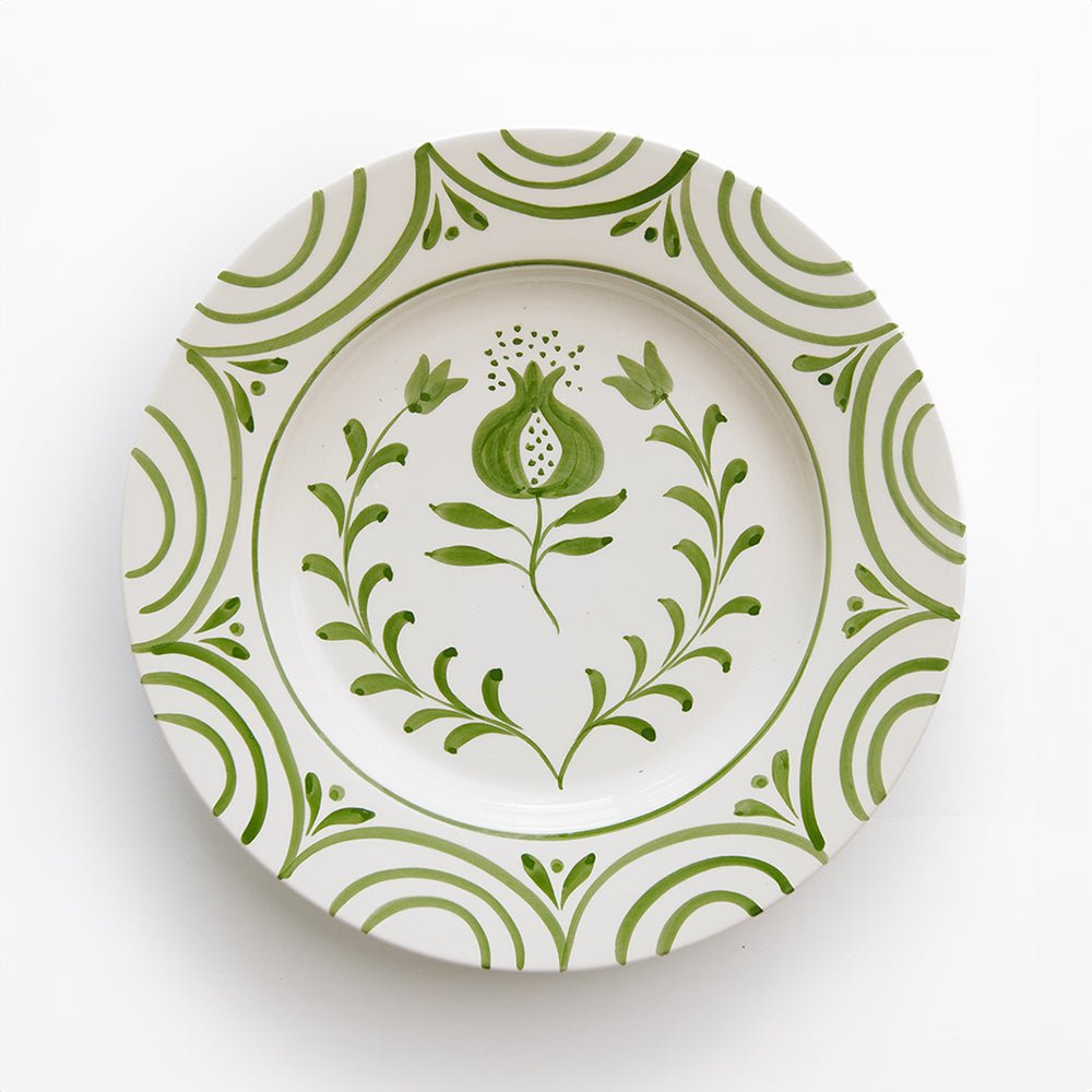 Pomegranate Crest Green Hand Painted Floral Ceramic Dinner Plate