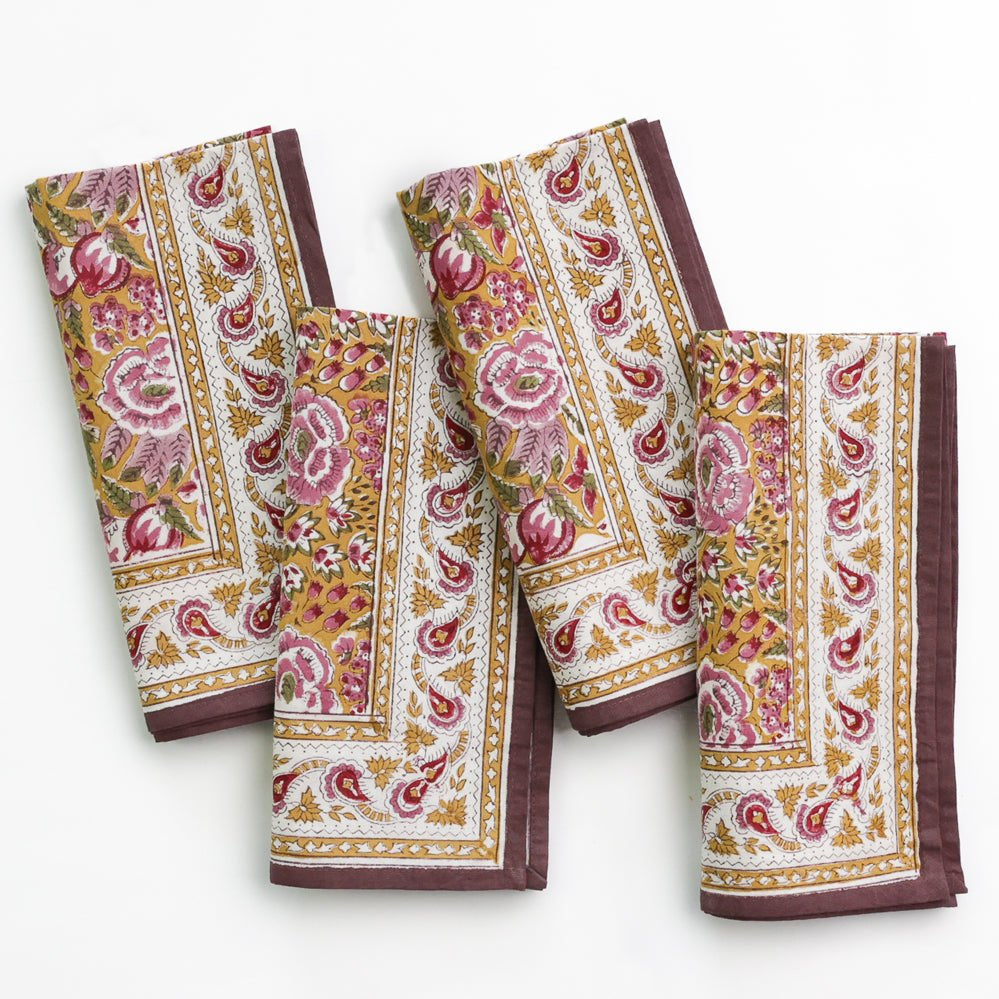 Gold and Purple Hand Block Printed Floral Cotton Napkins