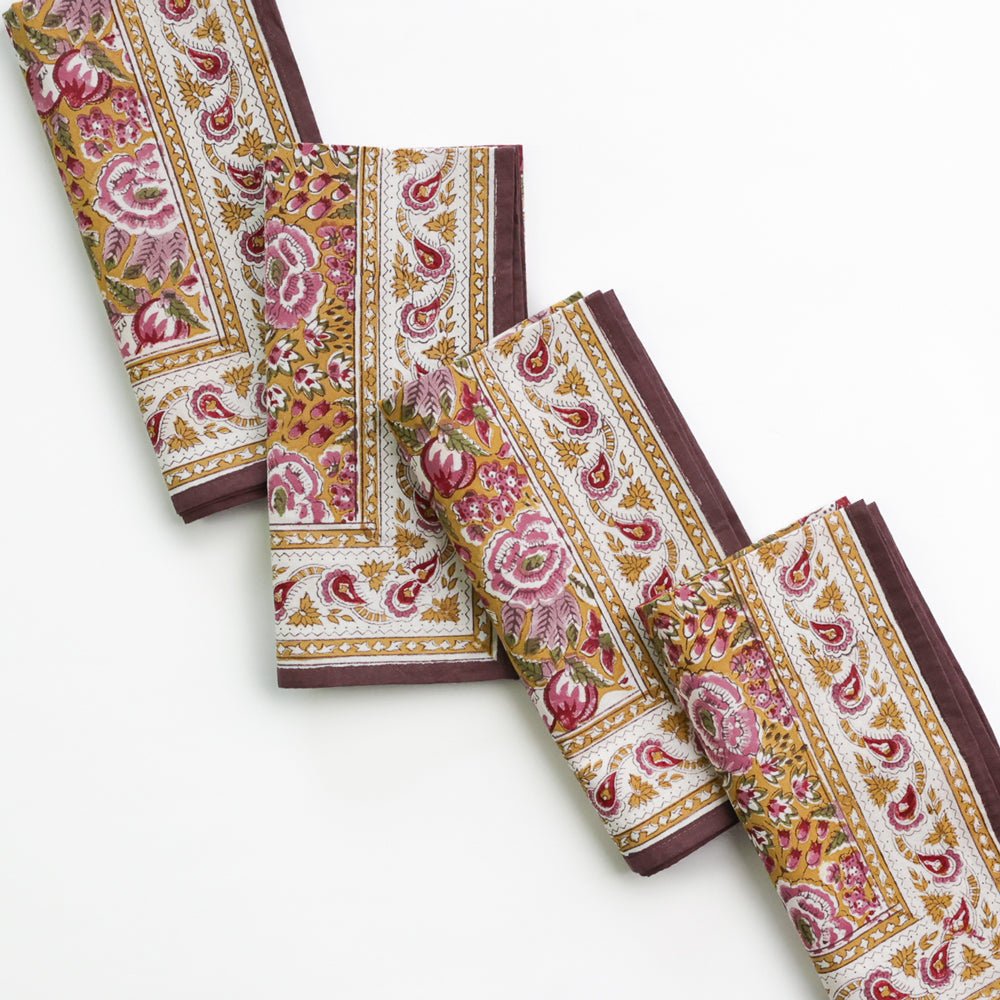 Gold and Purple Hand Block Printed Floral Cotton Napkins