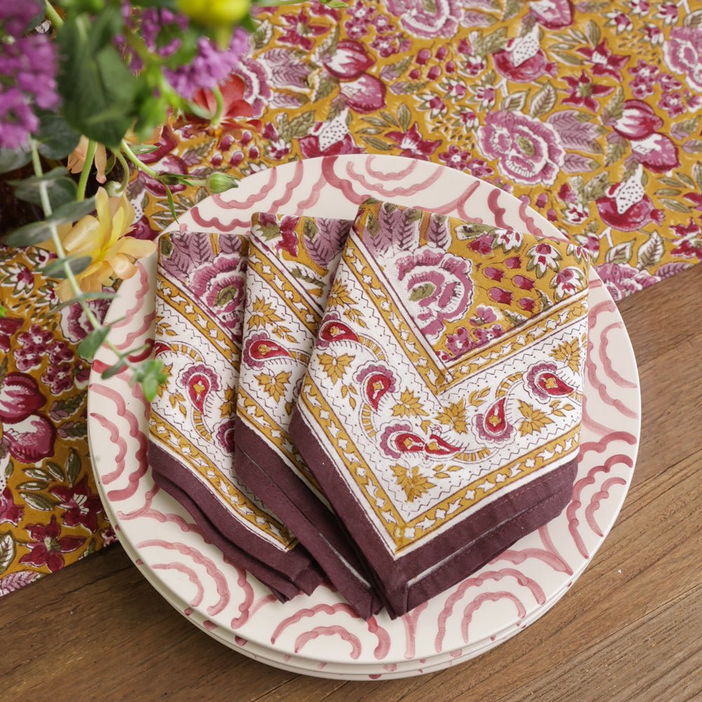 Gold and Purple Hand Block Printed Floral Cotton Napkins