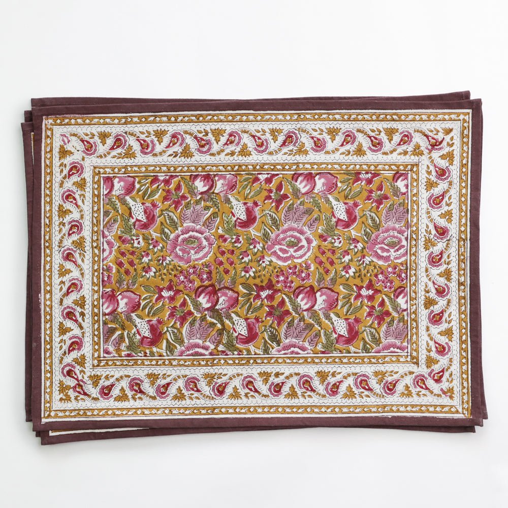 Gold & Purple Hand Block Printed Floral Cotton Canvas Placemats