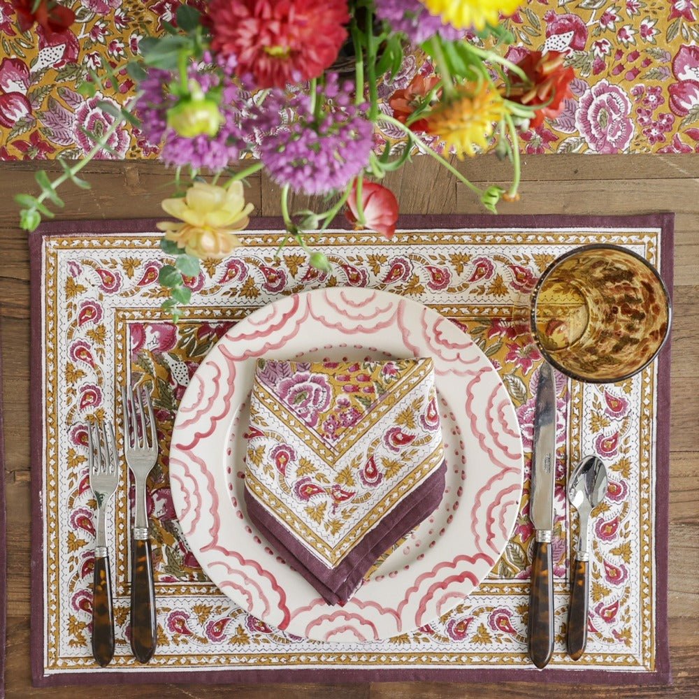 Gold and Purple Hand Block Printed Floral Cotton Canvas Placemats