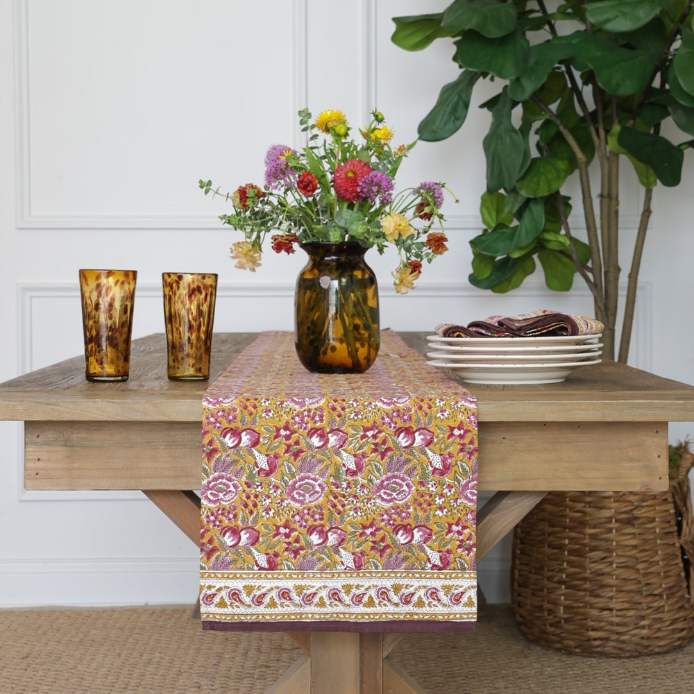 Gold and Purple Hand Block Printed Floral Cotton Canvas Table Runner