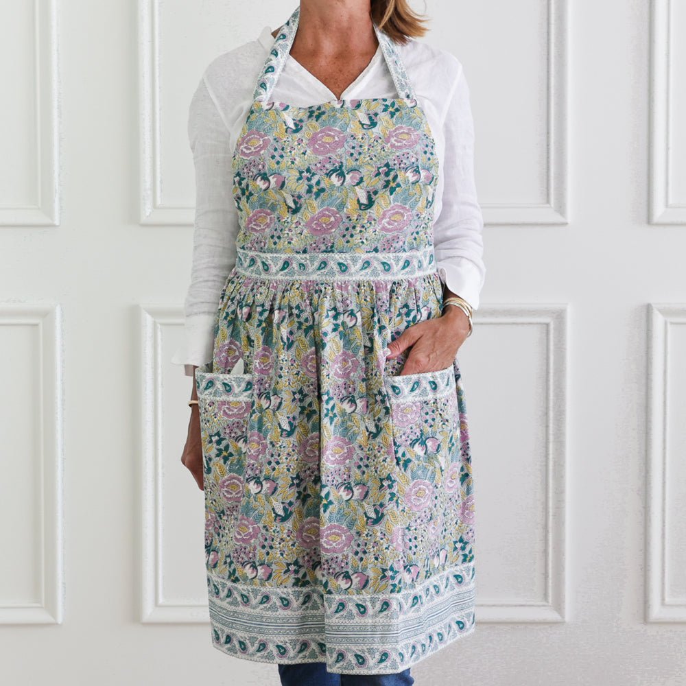 Pomegranate Garden Teal Blue & Lilac Hand Block Printed Apron