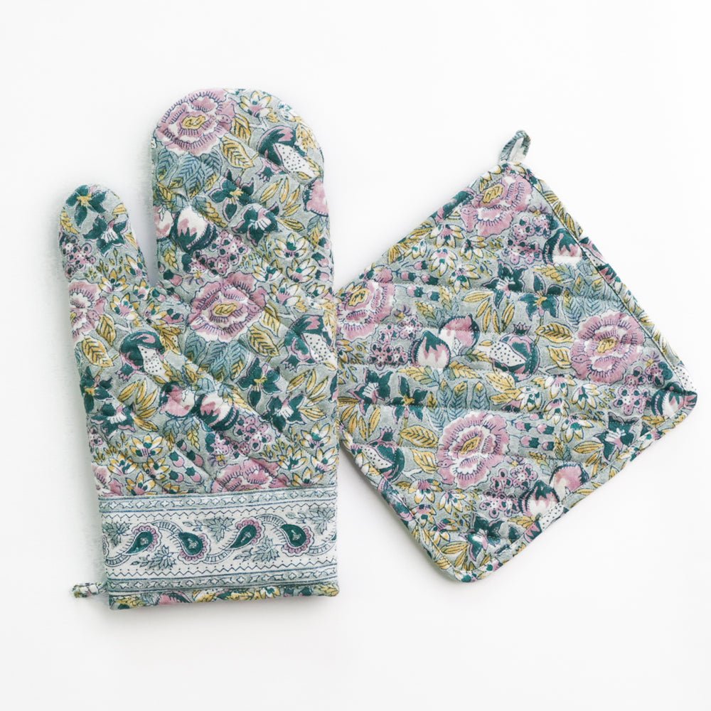 Pomegranate Garden Teal Blue & Lilac Hand Block Printed Oven Mitt Sets