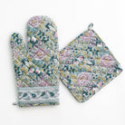 Pomegranate Garden Teal Blue & Lilac Hand Block Printed Oven Mitt Sets