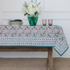 Pomegranate Garden Teal Blue & Lilac Hand Block Printed Floral Tablecloth