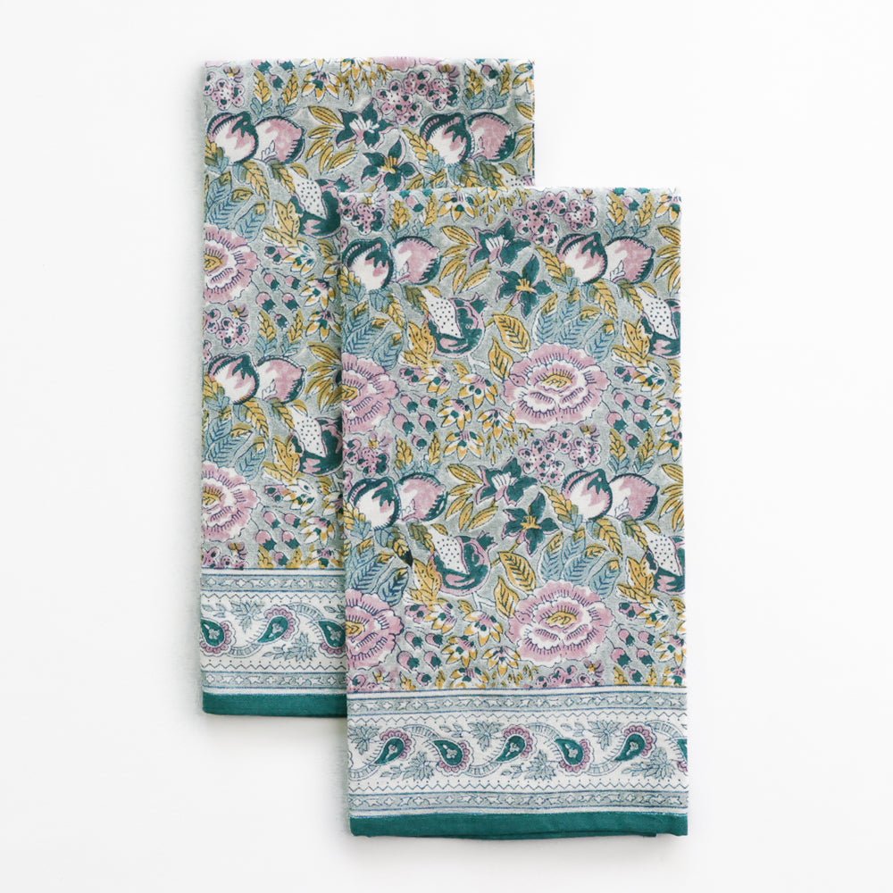 Pomegranate Garden Teal Blue & Lilac Hand Block Printed Floral Kitchen Tea Towels