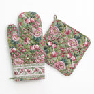 Pomegranate Garden Green & Pink Floral Hand Block Printed Oven Mitt Set