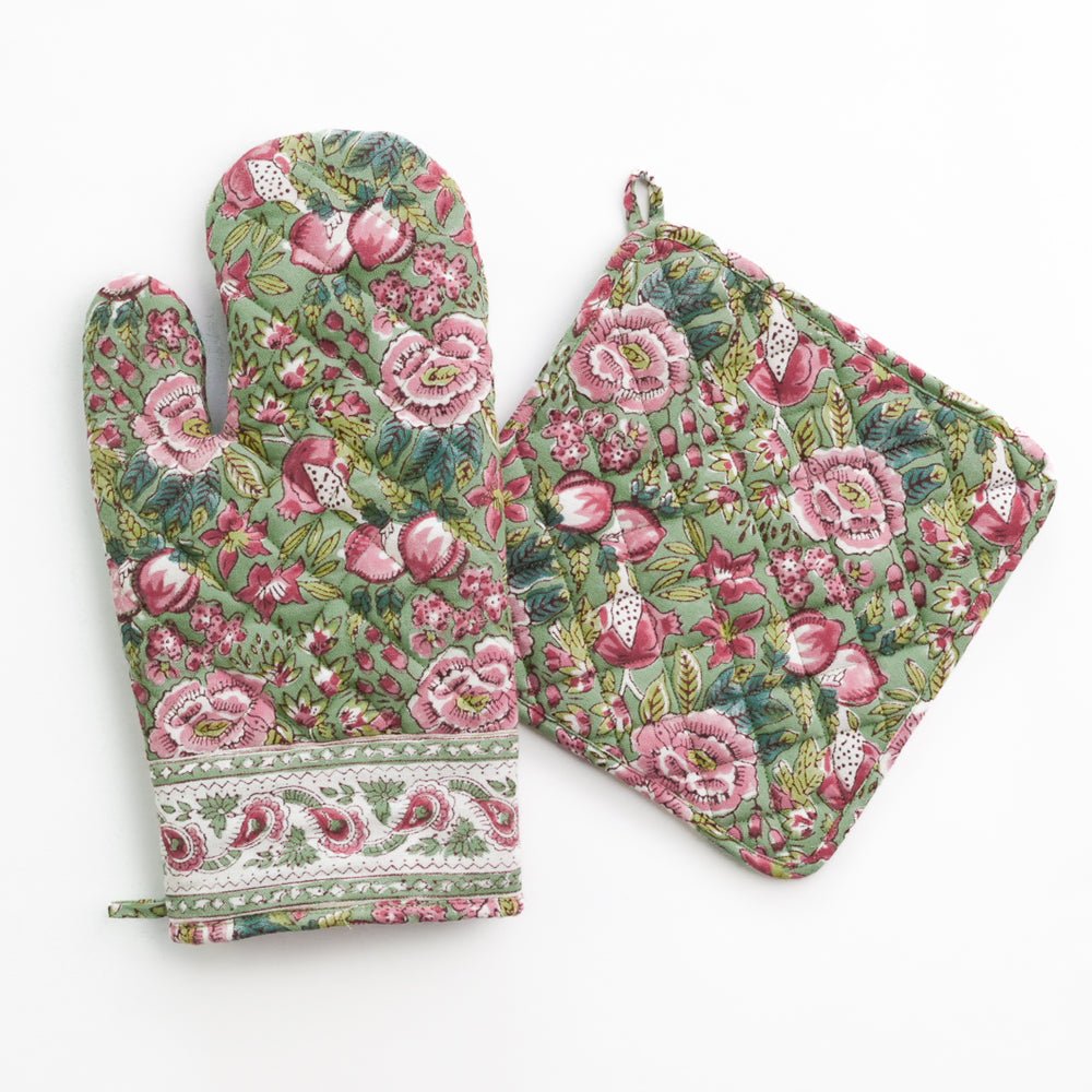 Pomegranate Garden Green & Pink Floral Hand Block Printed Oven Mitt Set