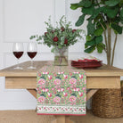 Pomegranate Garden Green & Pink Floral Hand Block Printed Table Runner