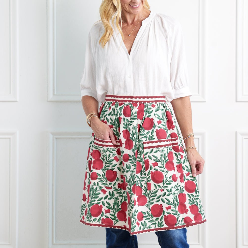 Pomegranate Vine Red & Green Hand Block Printed Cotton Half Apron
