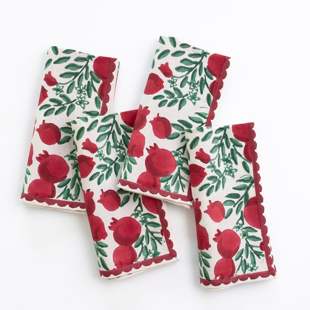 Pomegranate Vine Red & Green Hand Block Printed Cotton Napkins