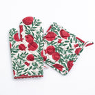 Pomegranate Vine Red & Green Hand Block Printed Oven Mitt Set