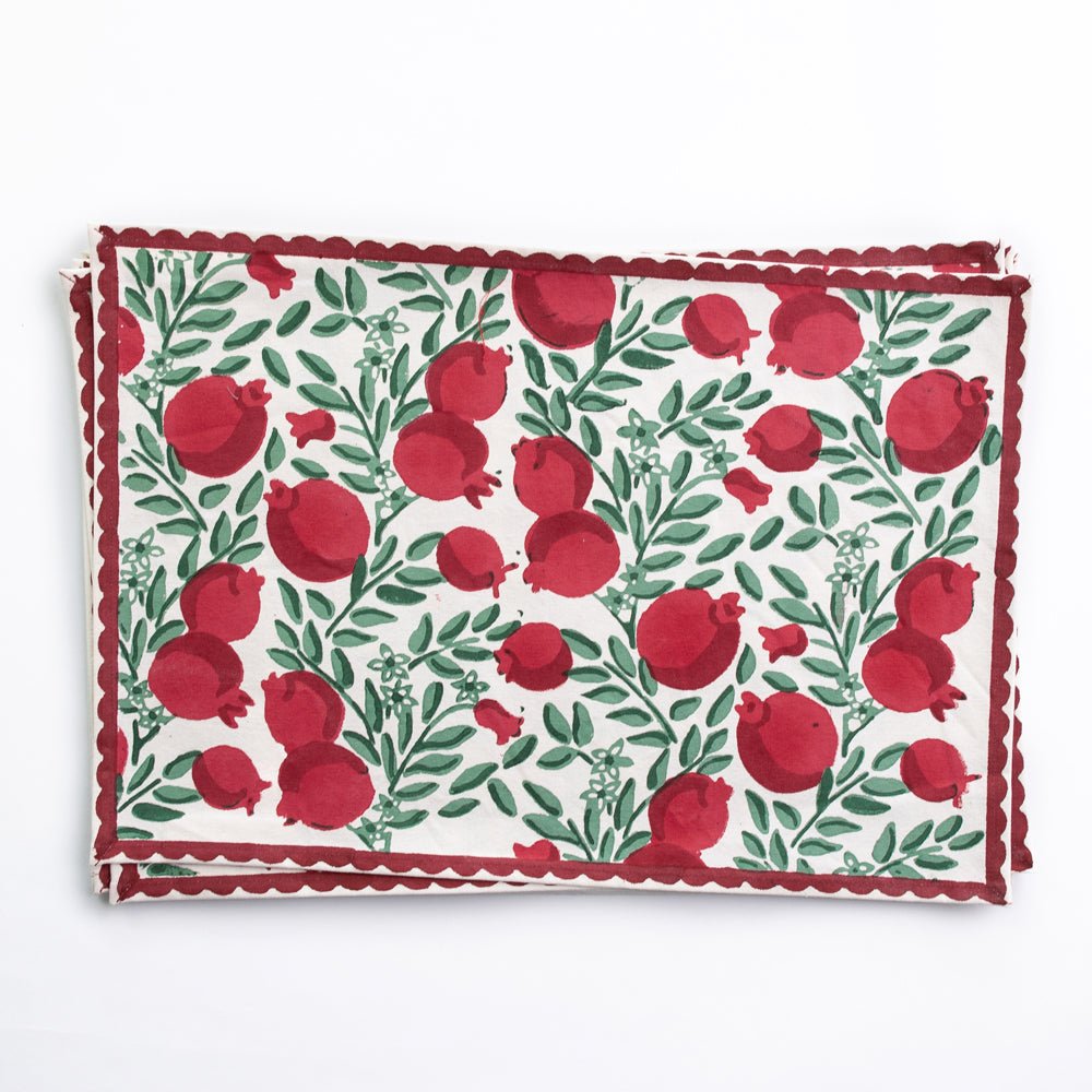Pomegranate Vine Red & Green Hand Block Printed Cotton Canvas Placmats