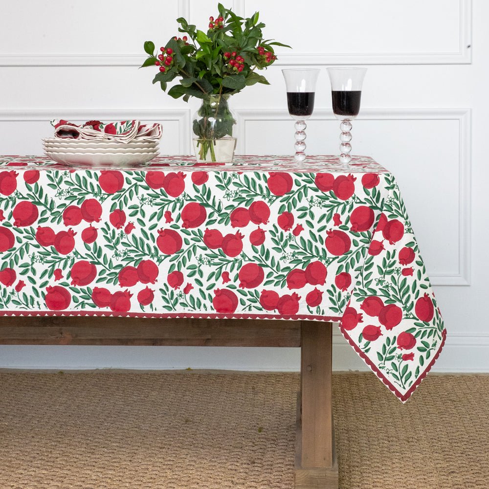 Pomegranate Vine Red & Green Hand Block Printed Cotton Tablecloth