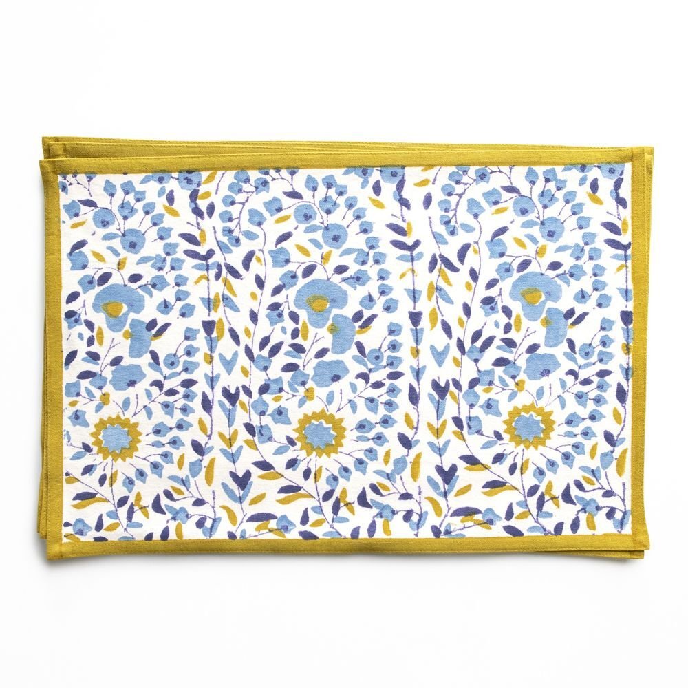Floral patterned mat with yellow border on a white background