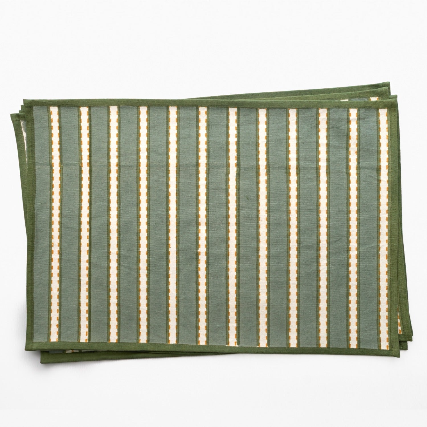 Green and beige striped fabric on a white background