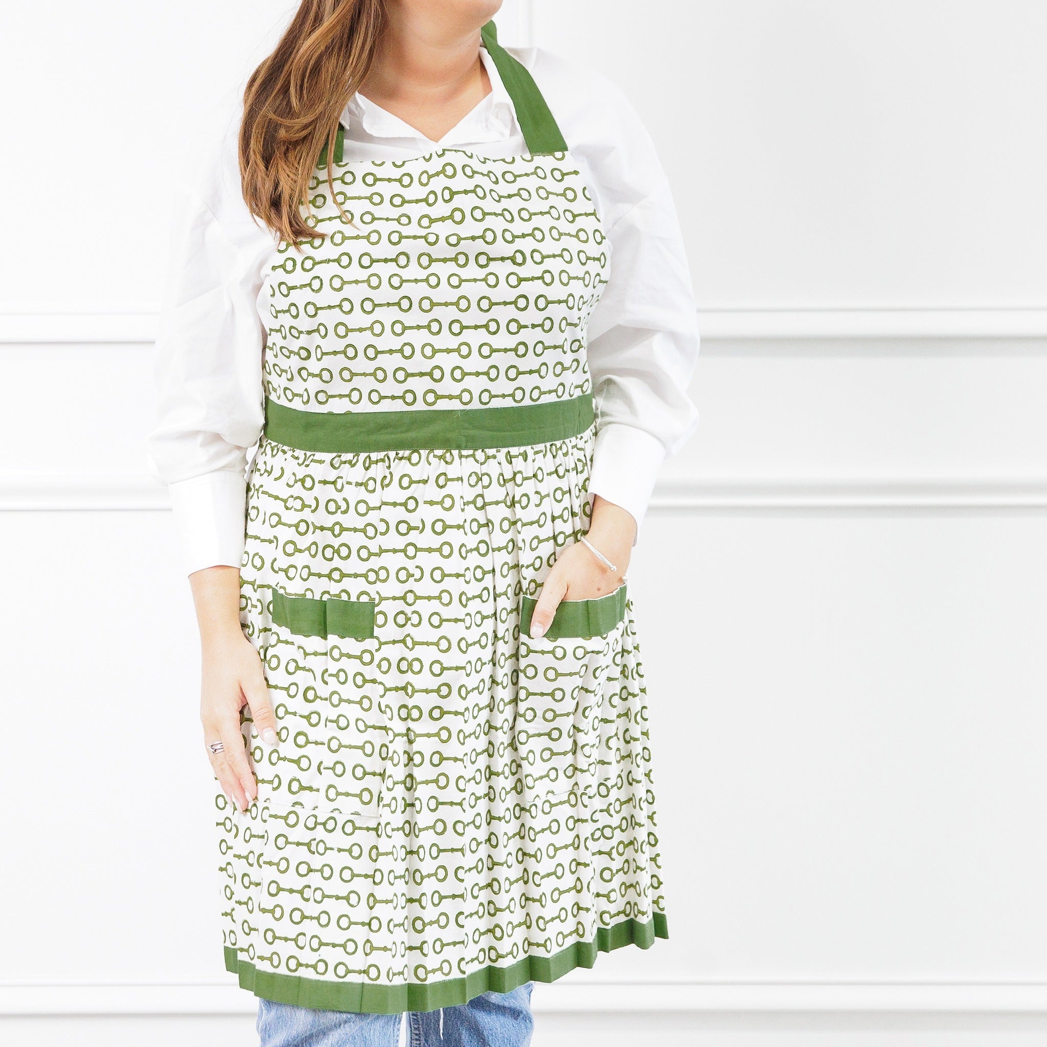 Pony Club Green and White Equestrian Apron with Hand Block Printed Snaffle Pattern