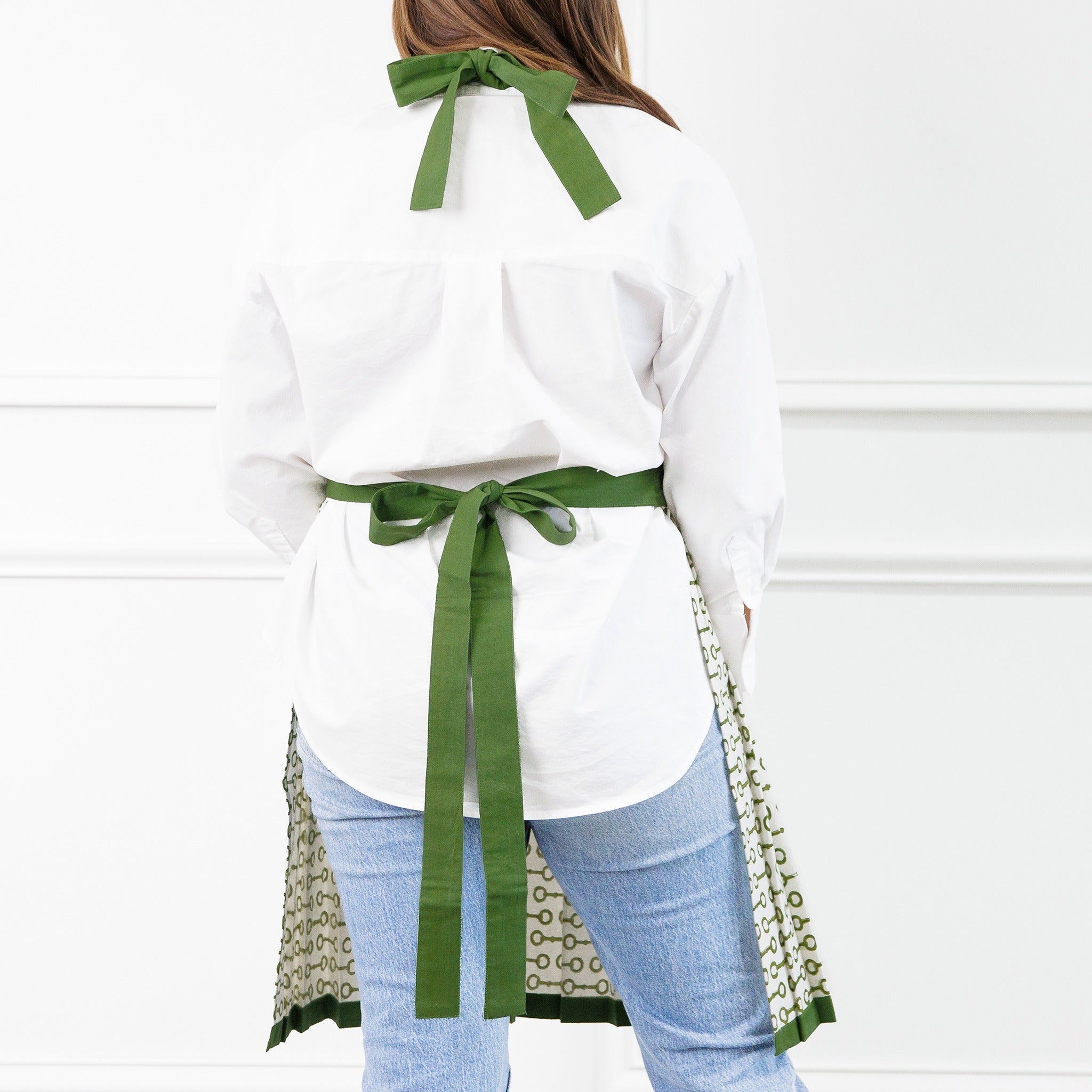 Pony Club Green and White Equestrian Apron with Hand Block Printed Snaffle Pattern