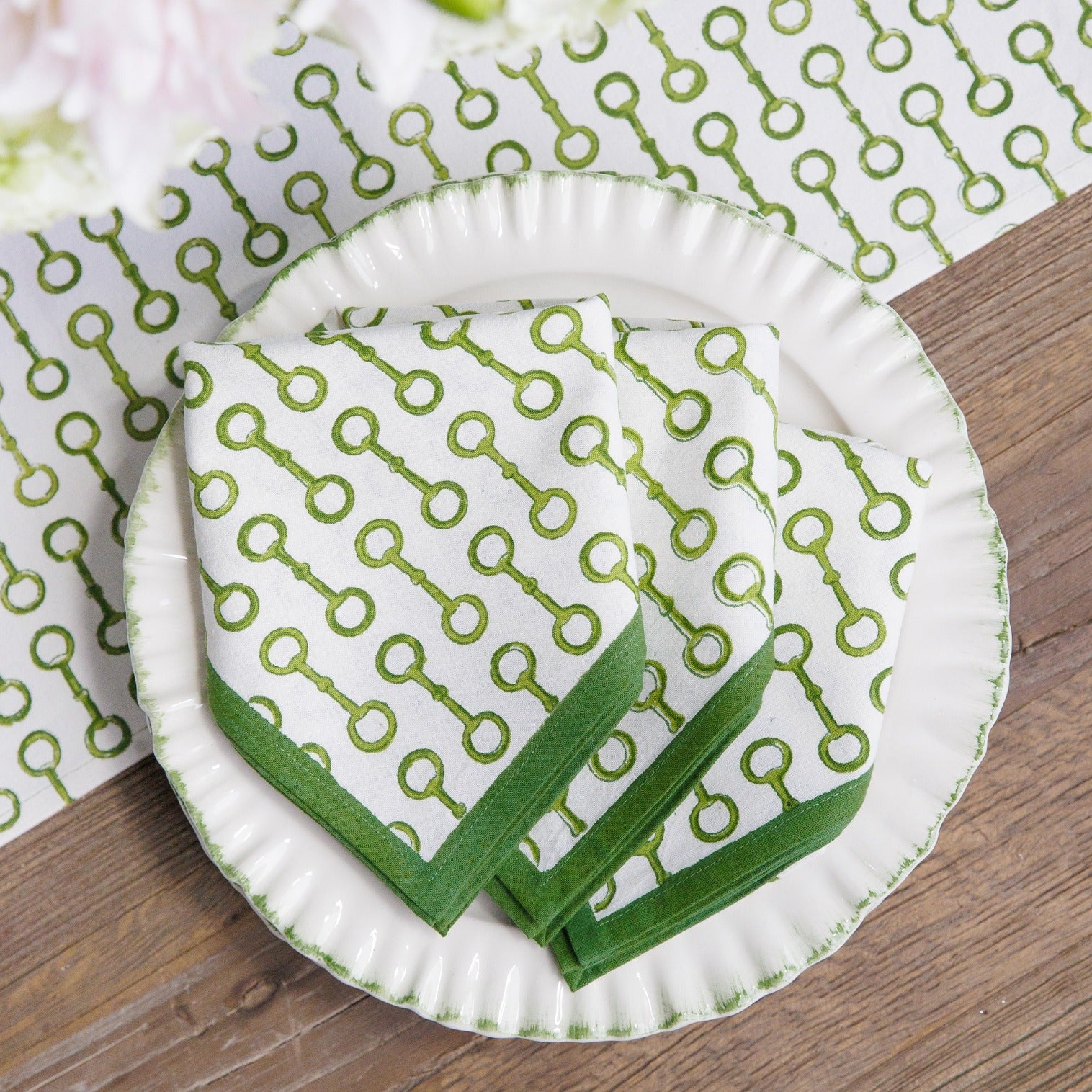 Pony Club Green and White Equestrian Cotton Napkins with Hand Block Printed Snaffle Pattern