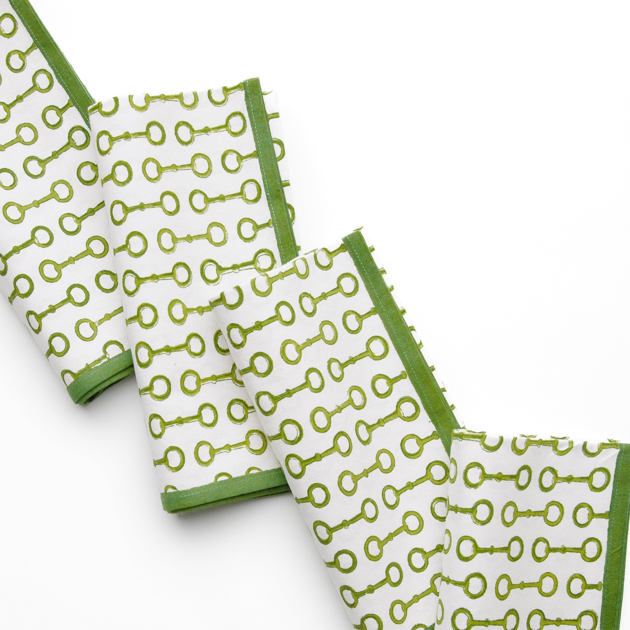 Pony Club Green and White Equestrian Cotton Napkins with Hand Block Printed Snaffle Pattern