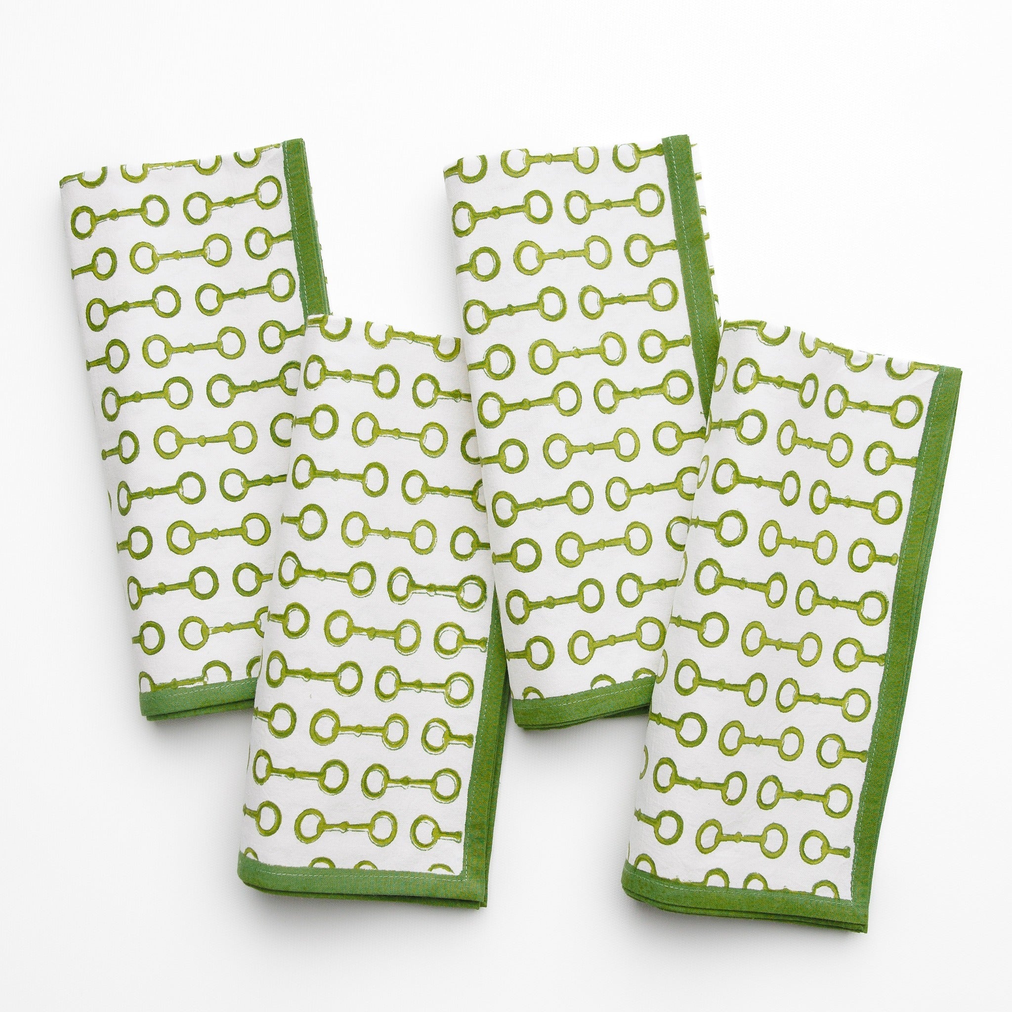 Pony Club Green and White Equestrian Cotton Napkins with Hand Block Printed Snaffle Pattern