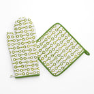Pony Club Green and White Equestrian Oven Mitt Set with Hand Block Printed Snaffle Pattern