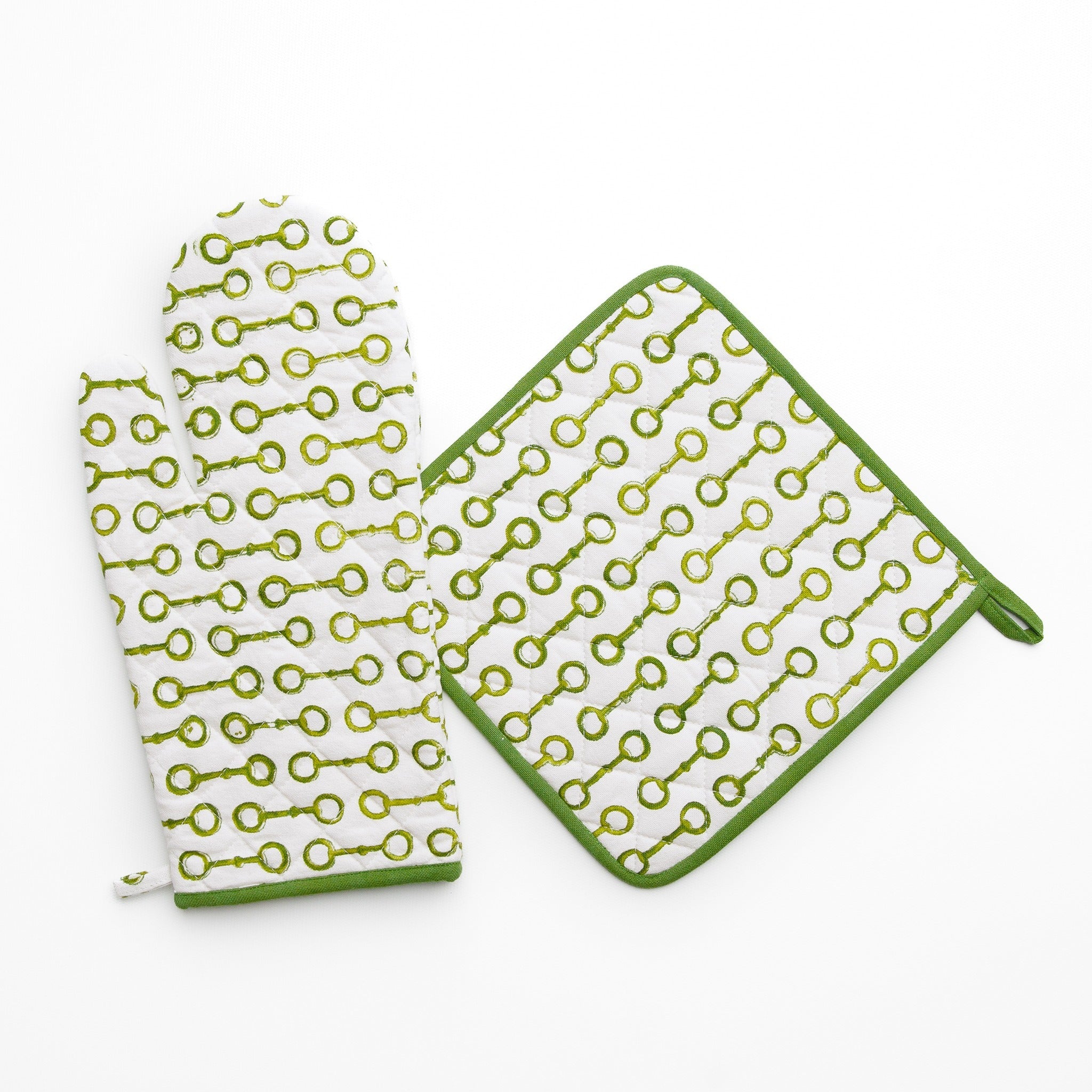 Pony Club Green and White Equestrian Oven Mitt Set with Hand Block Printed Snaffle Pattern