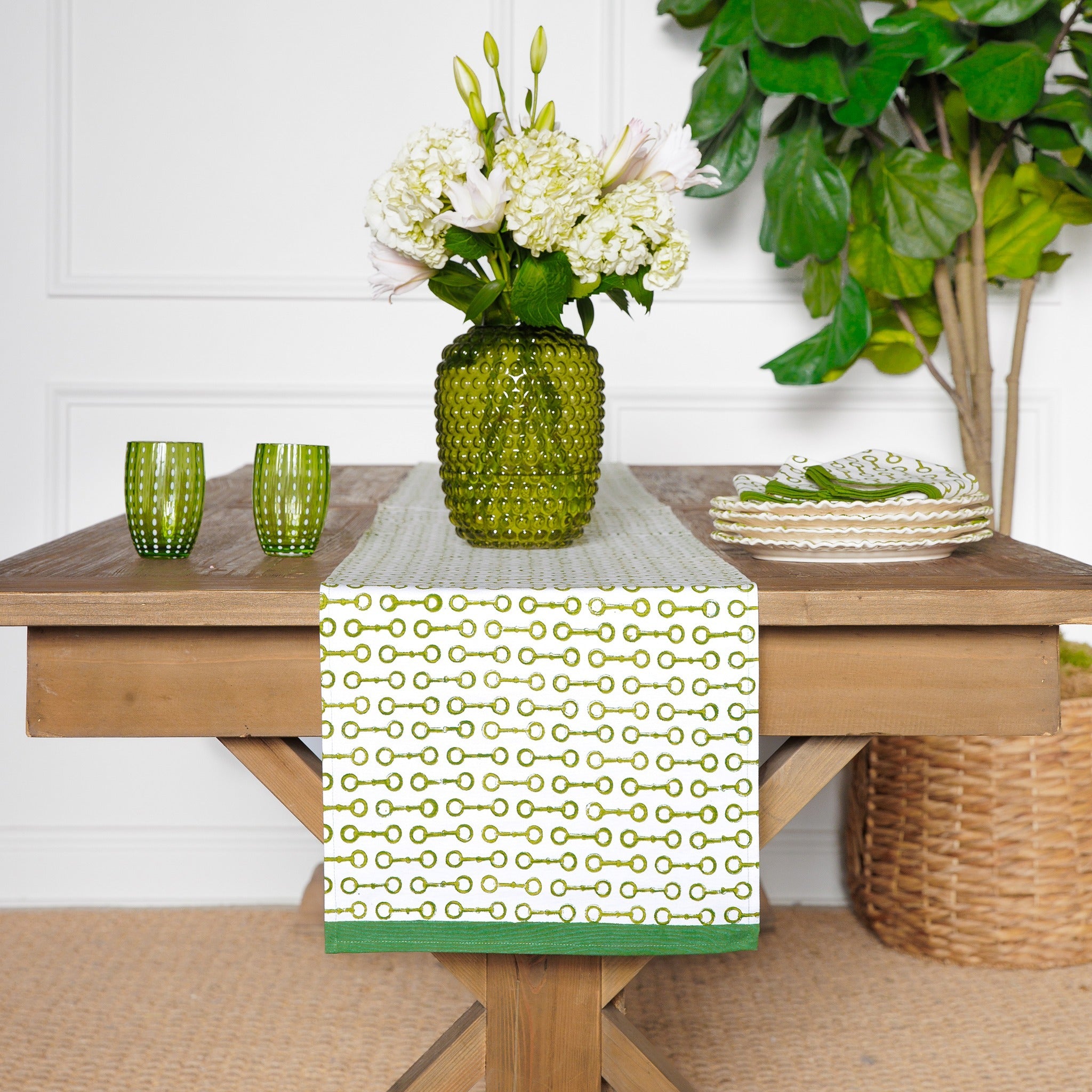 Pony Club Green and White Equestrian Table Runner with Hand Block Printed Snaffle Pattern