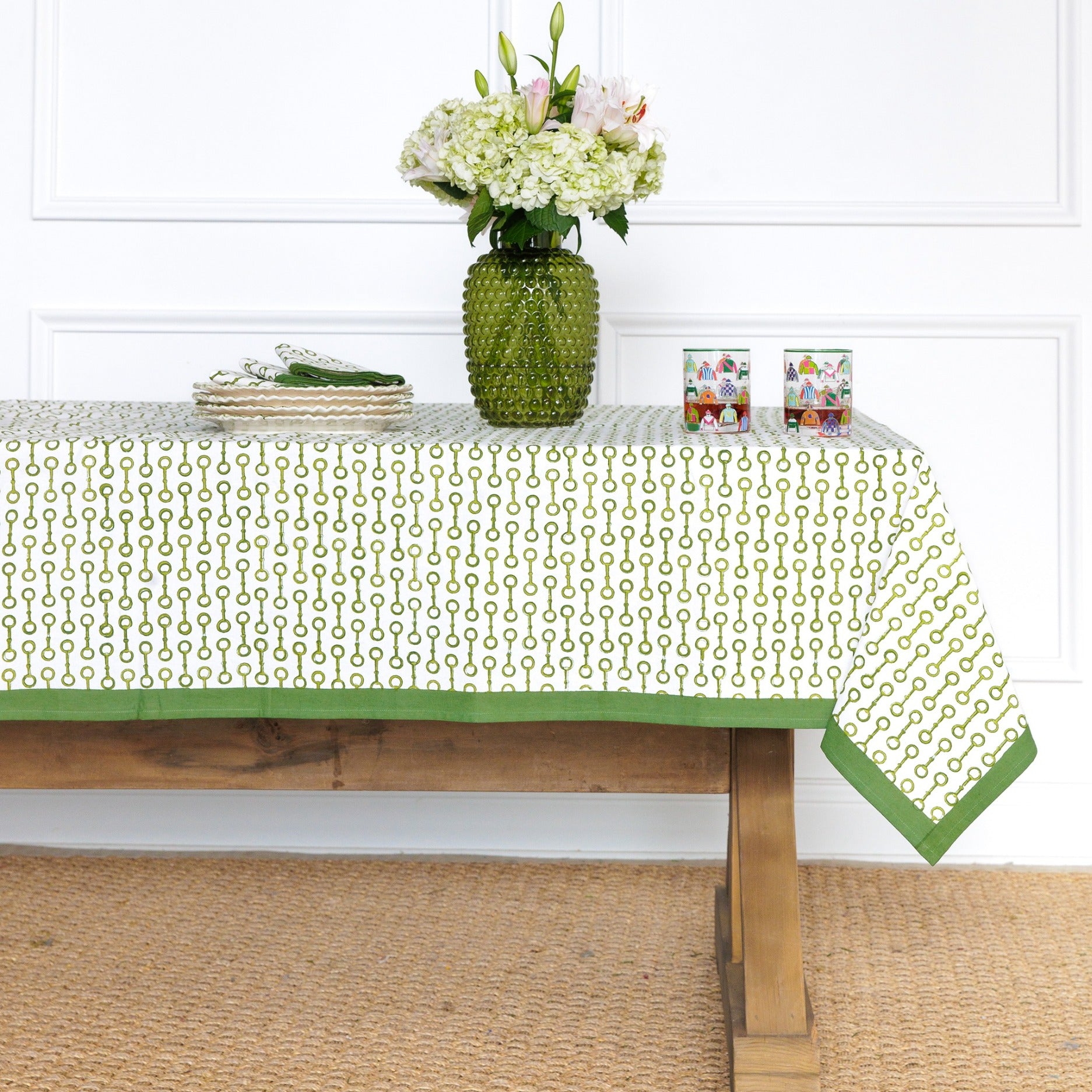 Pony Club Green and White Equestrian Cotton Tablecloth with Hand Block Printed Snaffle Pattern