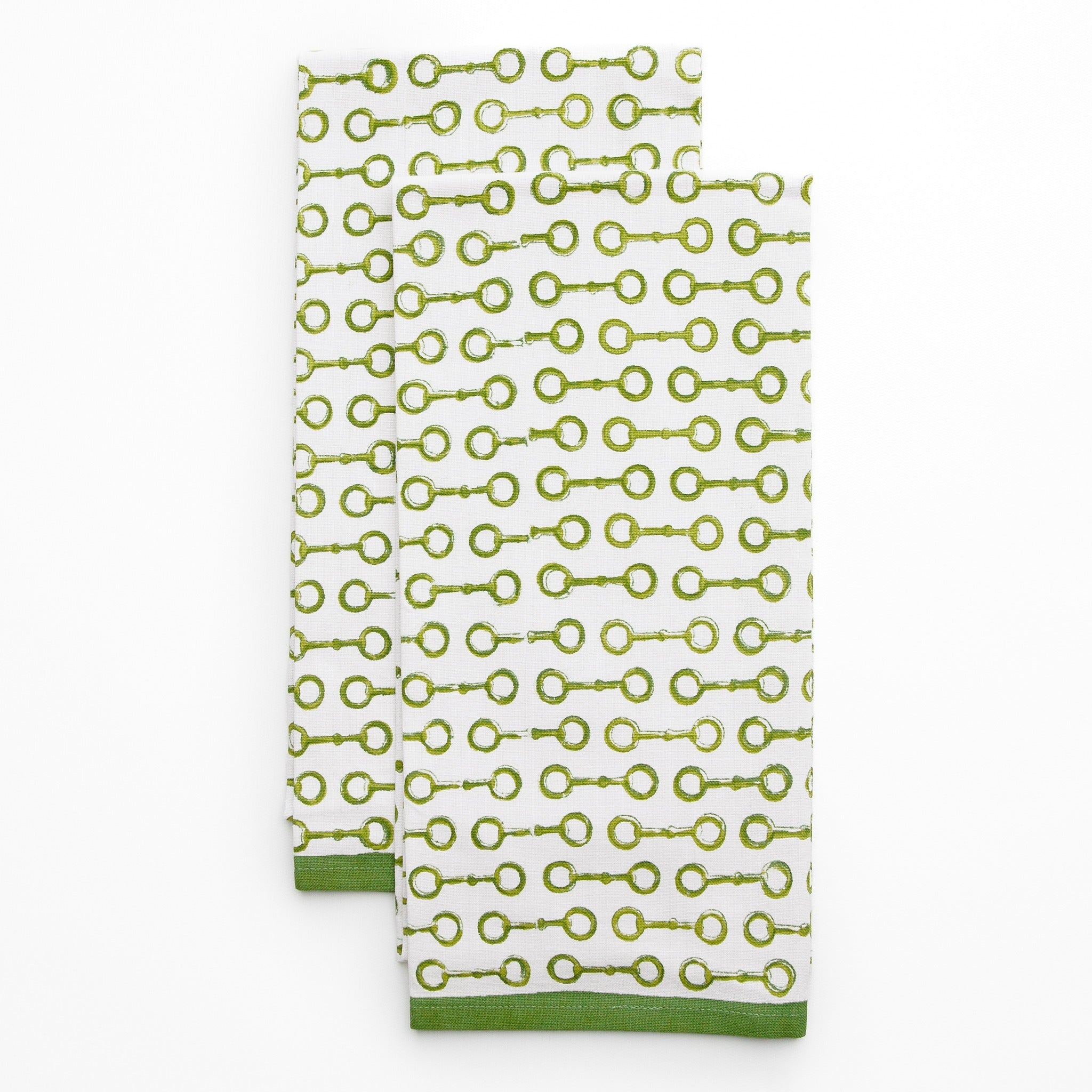Pony Club Green and White Equestrian Kitchen Tea Towels with Hand Block Printed Snaffle Pattern