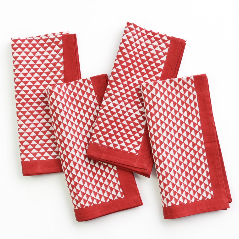 Hand Block Printed Red and White Triangle Patterned Cotton Napkins