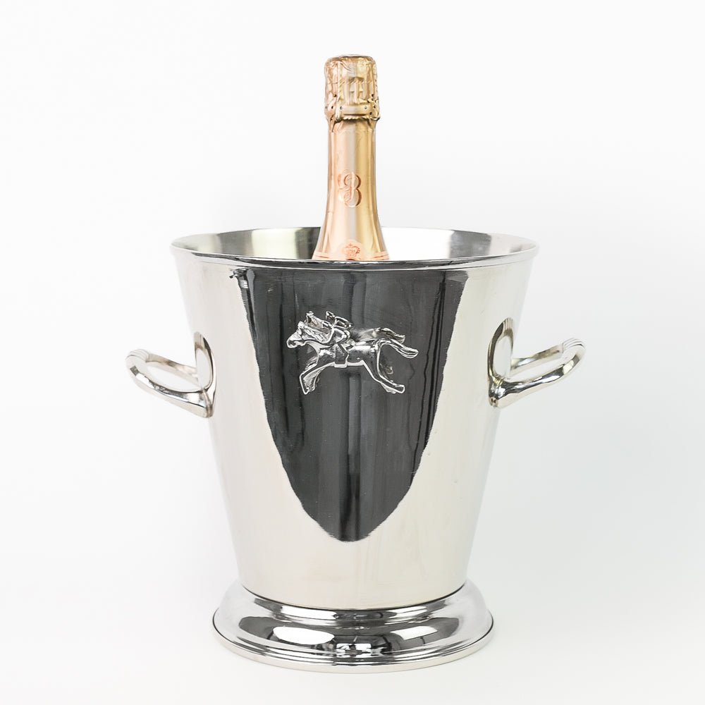 Silver Horse & Jockey Equestrian Ice Bucket with Handles