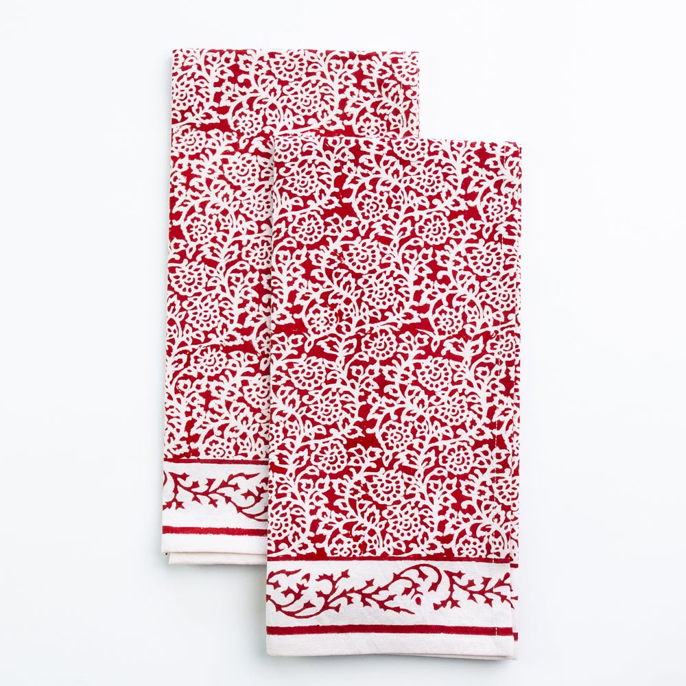 Tapestry Deep Red Hand Block Printed Kitchen Tea Towels