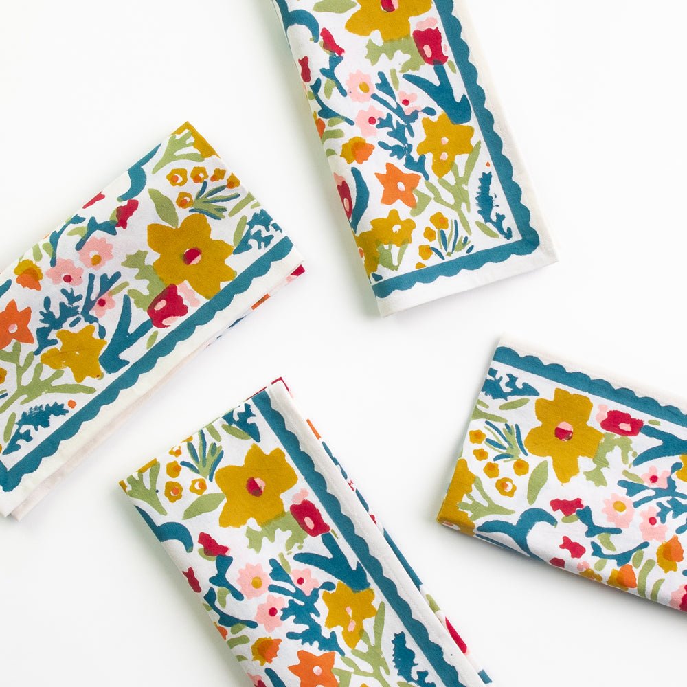 Teal Garden Colorful Hand Block Printed Floral Cotton Napkins
