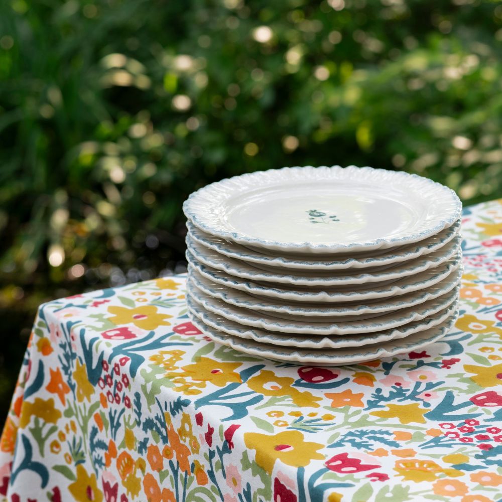 Ruffled Teal Hand Painted Floral Ceramic Dinner Plate