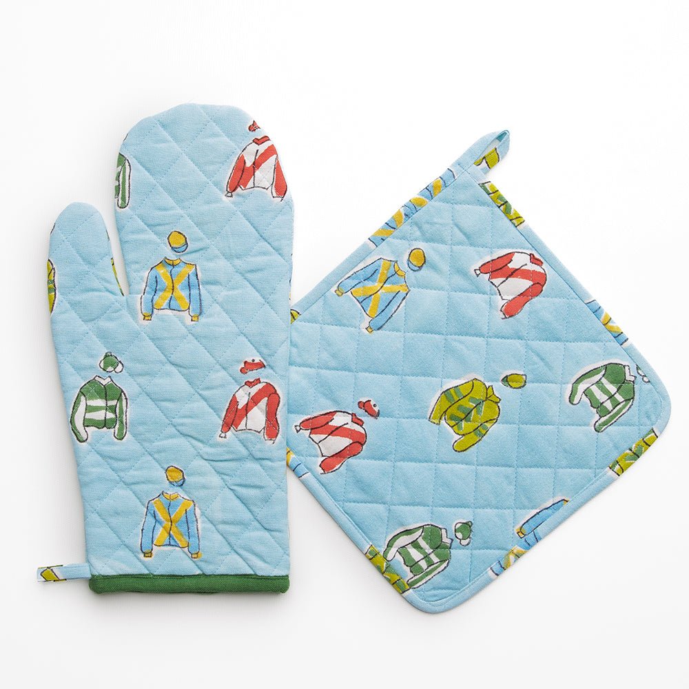 Equestrian Jockey Silks Hand Block Printed Oven Mitt & Pot Holder Set