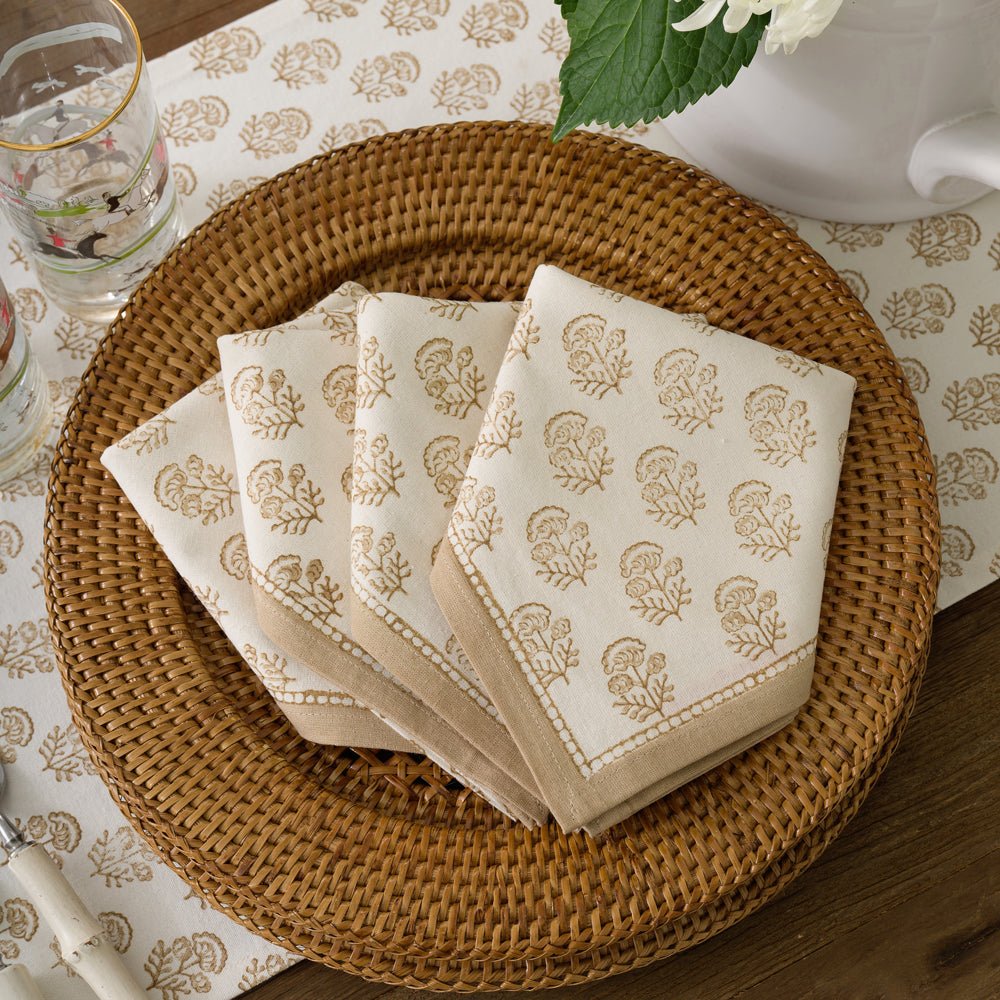 Anika Beige Floral Hand Block Printed Neutral Cotton Napkins
