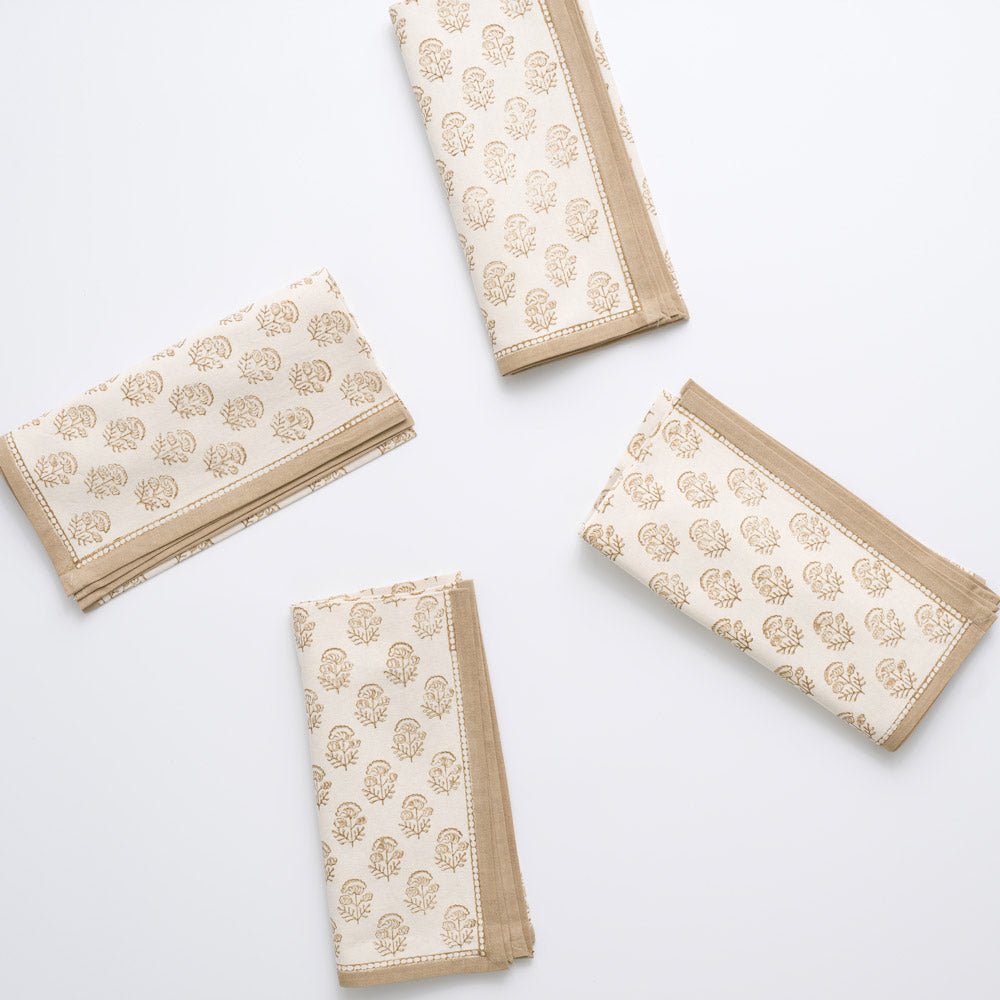Anika Beige Floral Hand Block Printed Neutral Cotton Napkins