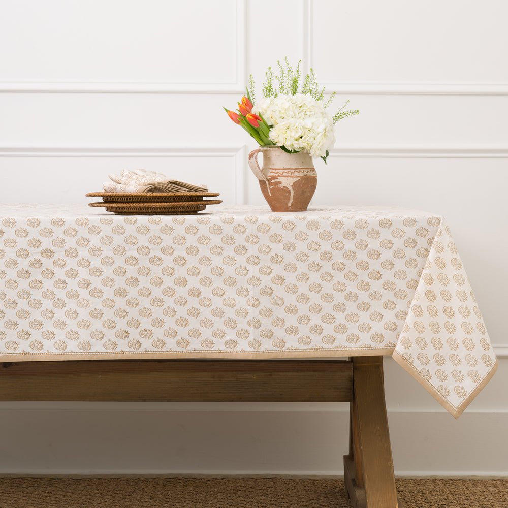 Anika Beige Floral Hand Block Printed Neutral Cotton Tablecloth
