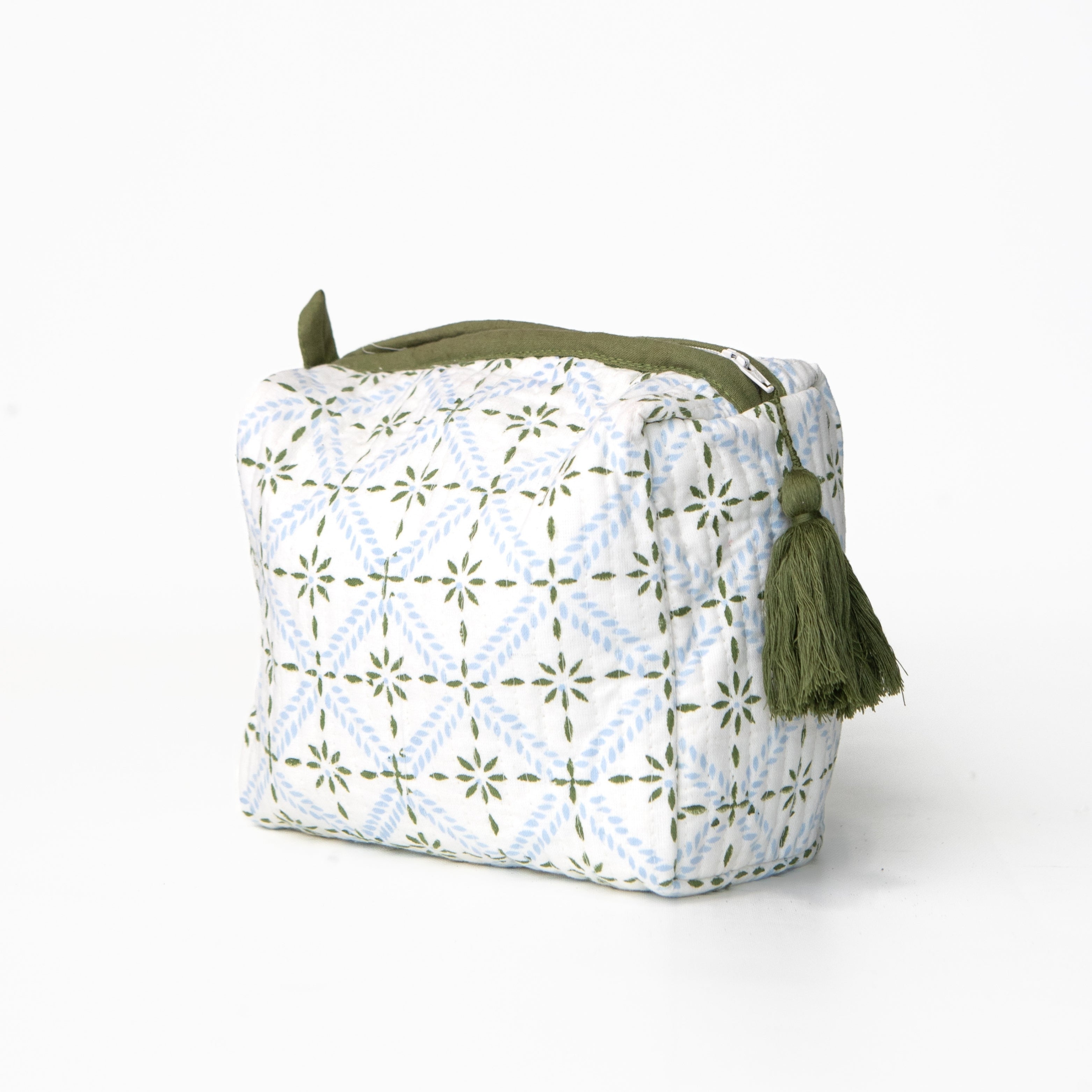 Patterned pouch with green accents on a white background
