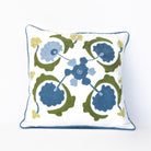 Decorative pillow with blue and green floral pattern on a white background