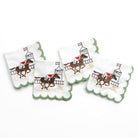 At the Finish Embroidered Equestrian Horse Racing Cocktail Napkins with Green Scalloped Edge
